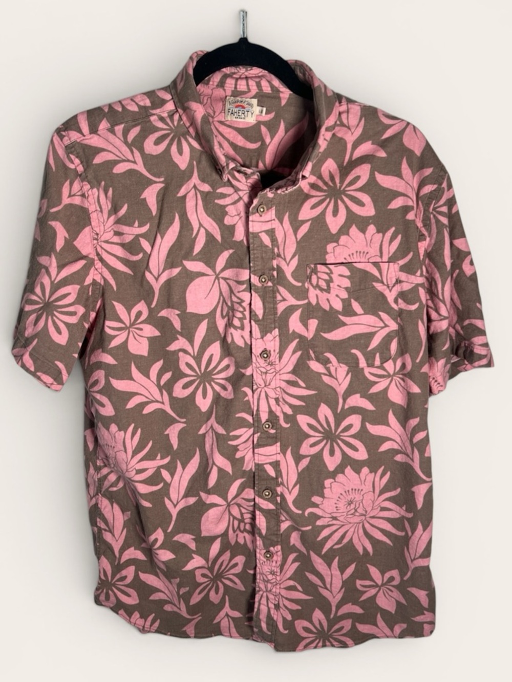Faherty Brown & Pink Floral Short-Sleeve Button-Up Shirt Sz L